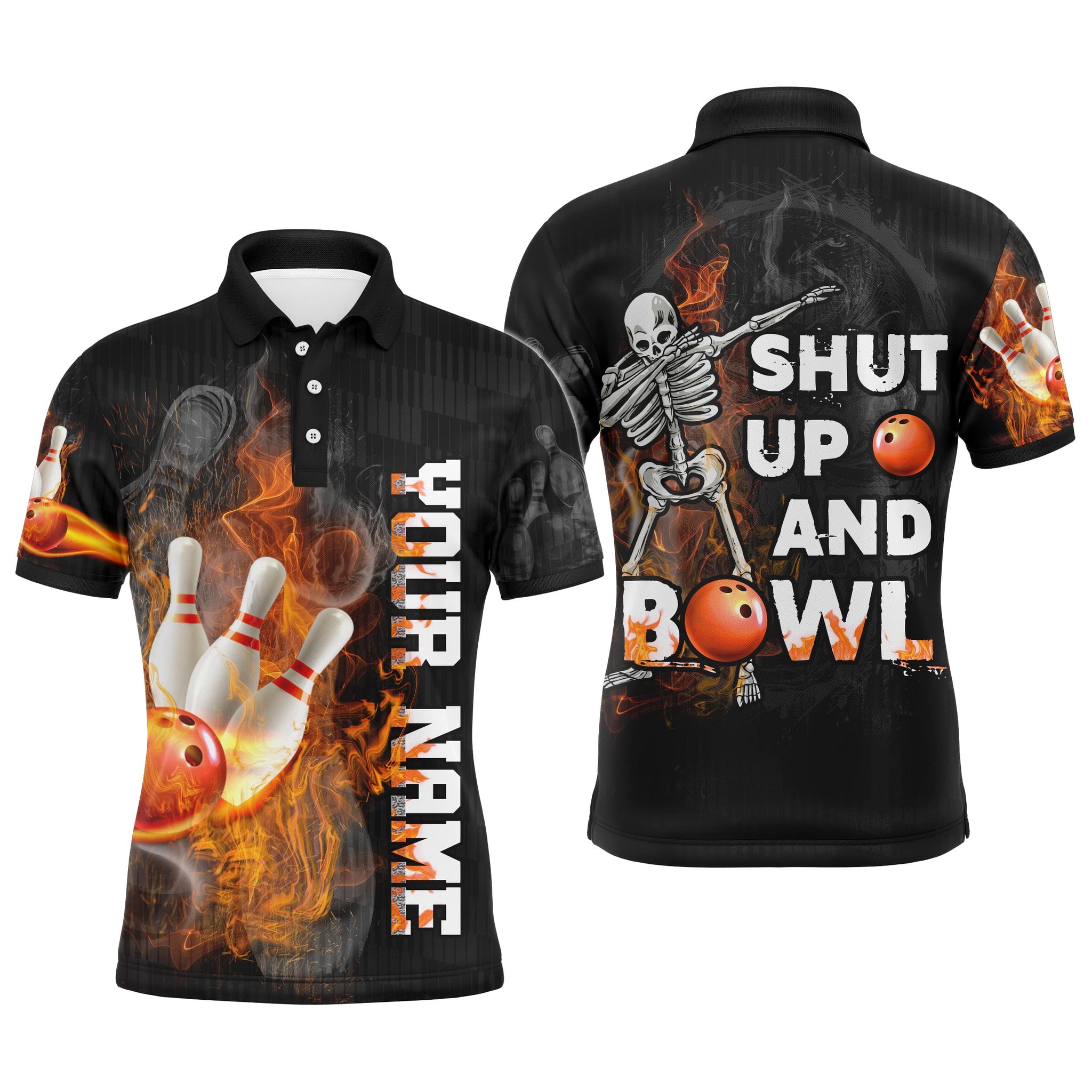 Personalised Flame Skull Bowling Polo Shirt for Men N19