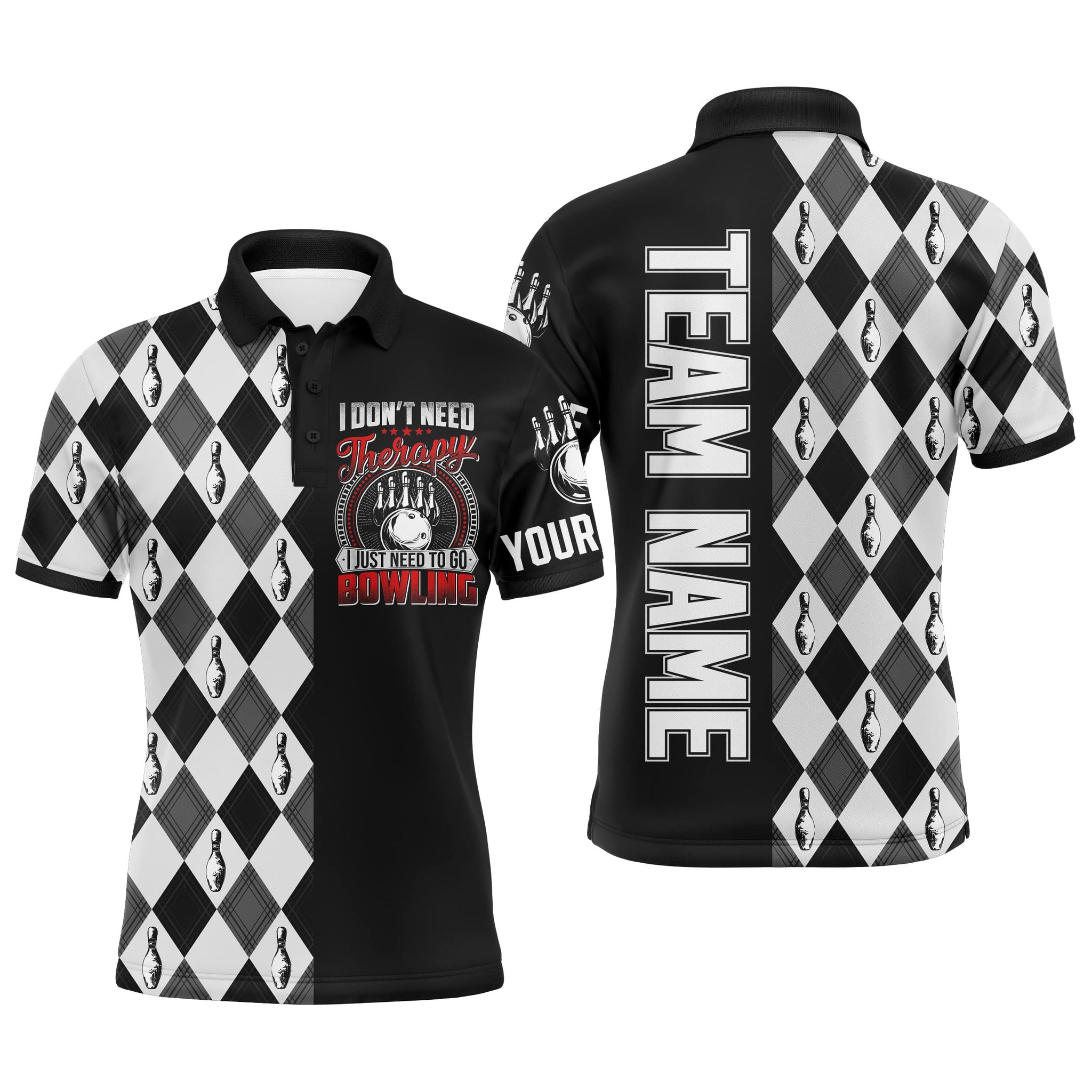 Men's Black & White Argyle Bowling Polo Shirt - Custom Team Short Sleeves N17