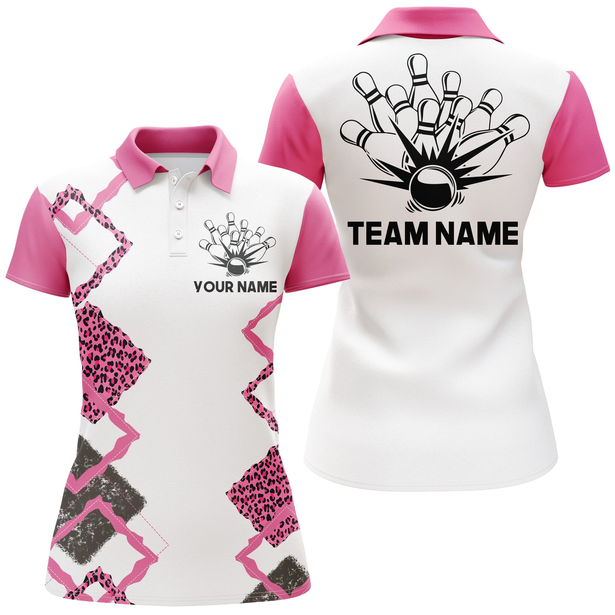 Personalised Women's Pink Leopard Bowling Polo Shirt N07