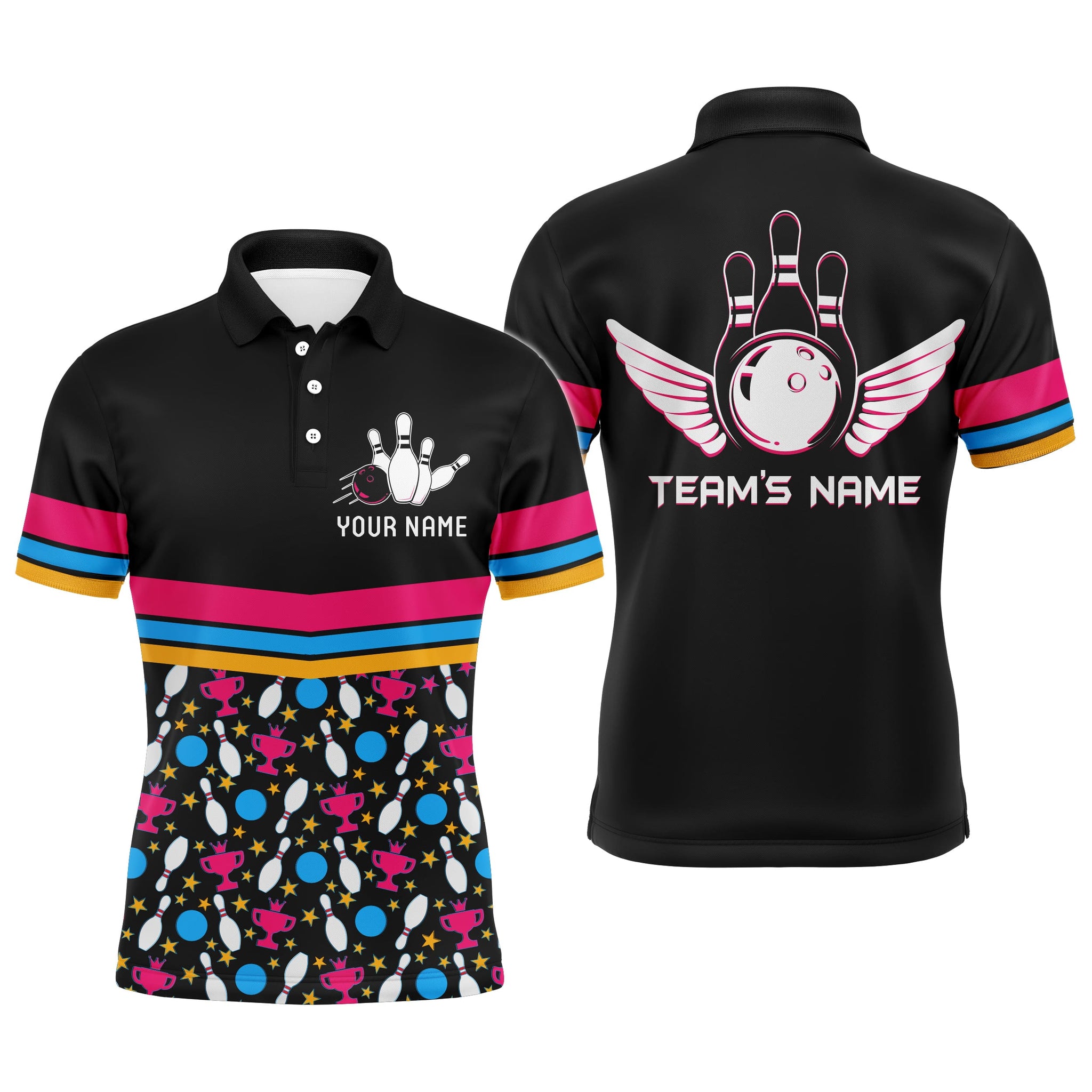 Men's Short Sleeve Polo Bowling Shirt - Colourful Balls & Pins N11