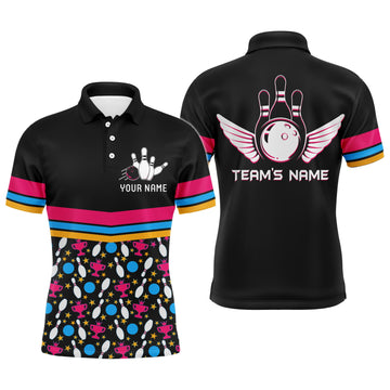 Men's Short Sleeve Polo Bowling Shirt - Colourful Balls & Pins N11