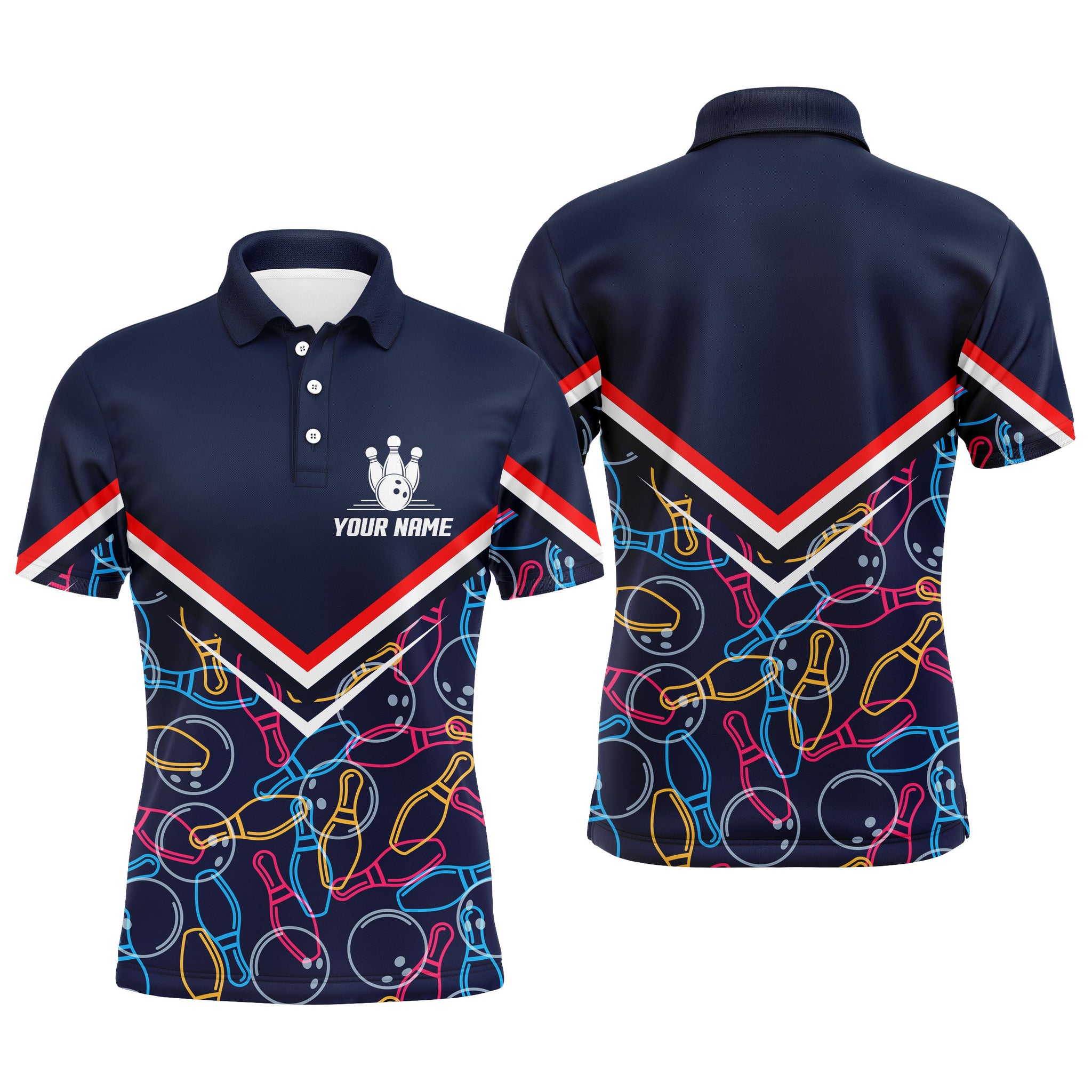 Men's Navy Blue Bowling Polo Shirt with Pins and Ball Pattern N05