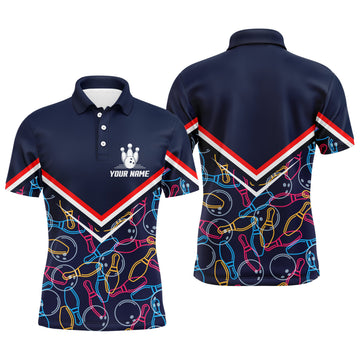 Men's Navy Blue Bowling Polo Shirt with Pins and Ball Pattern N05