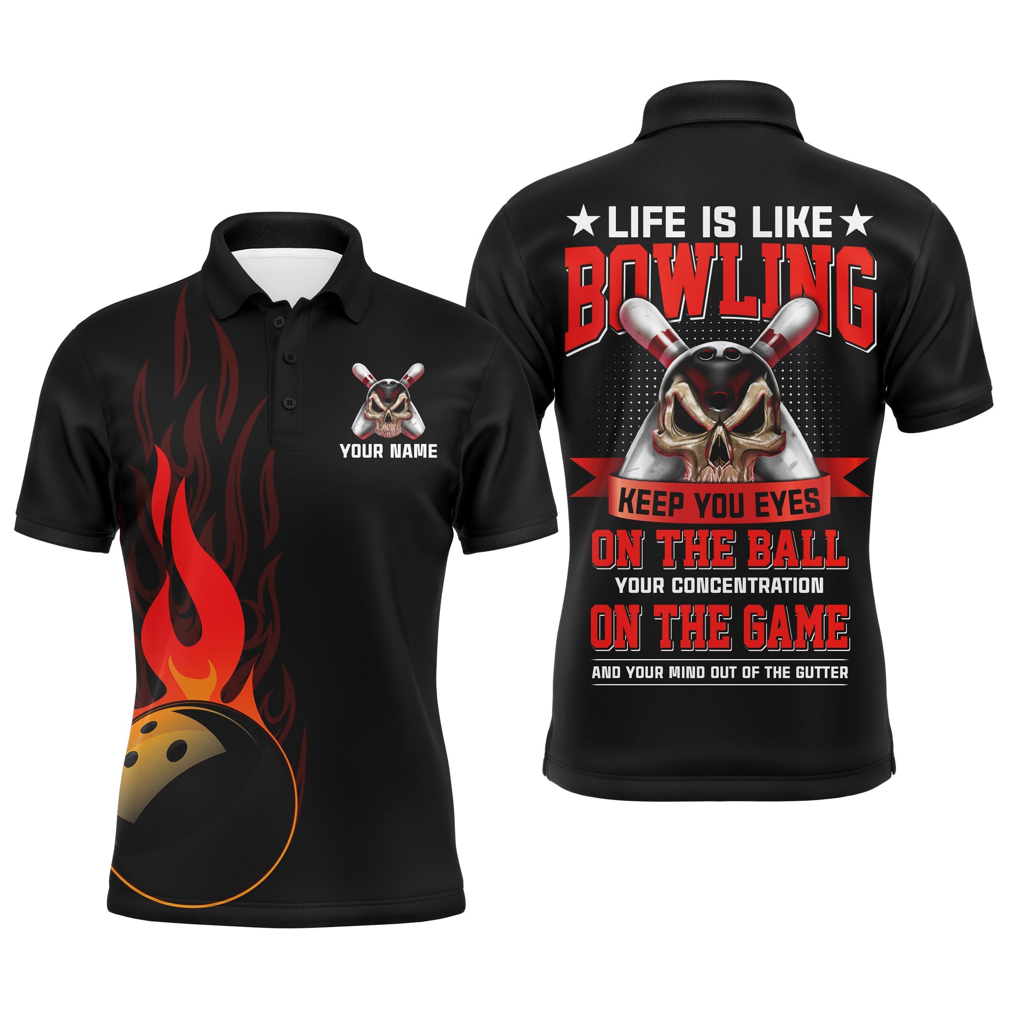 Flame Men's Short Sleeve Bowling Polo Shirt, Personalised Skull N61