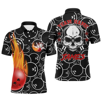 Men's Black Flame Bowling Polo Shirt with Skull Pins N02