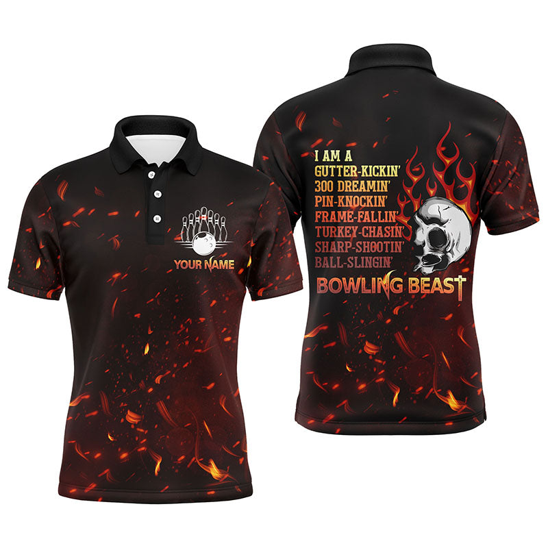 Personalised Men's Bowling Polo Shirt, Flame Skull N54