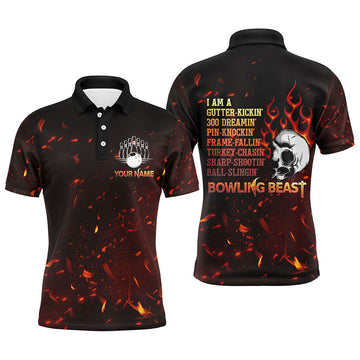 Personalised Men's Bowling Polo Shirt, Flame Skull N54