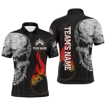 Men's Skull Flame Bowling Polo Shirt, Custom Team Jersey N98