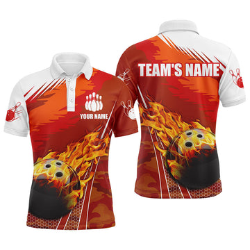 Men's Flame Bowling Polo Shirt, Custom Name, Short Sleeve N96
