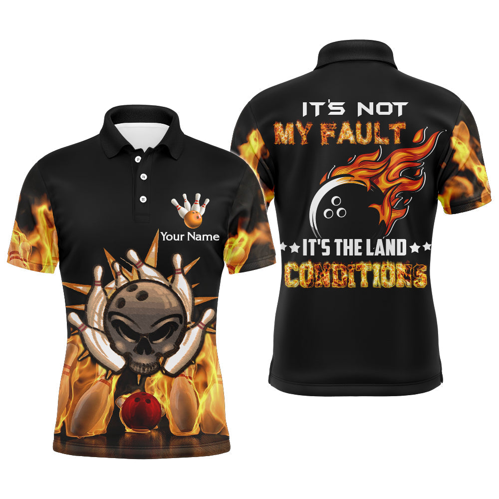 Men's Skull Flame Bowling Polo Shirt - Funny Custom Short Sleeve N102