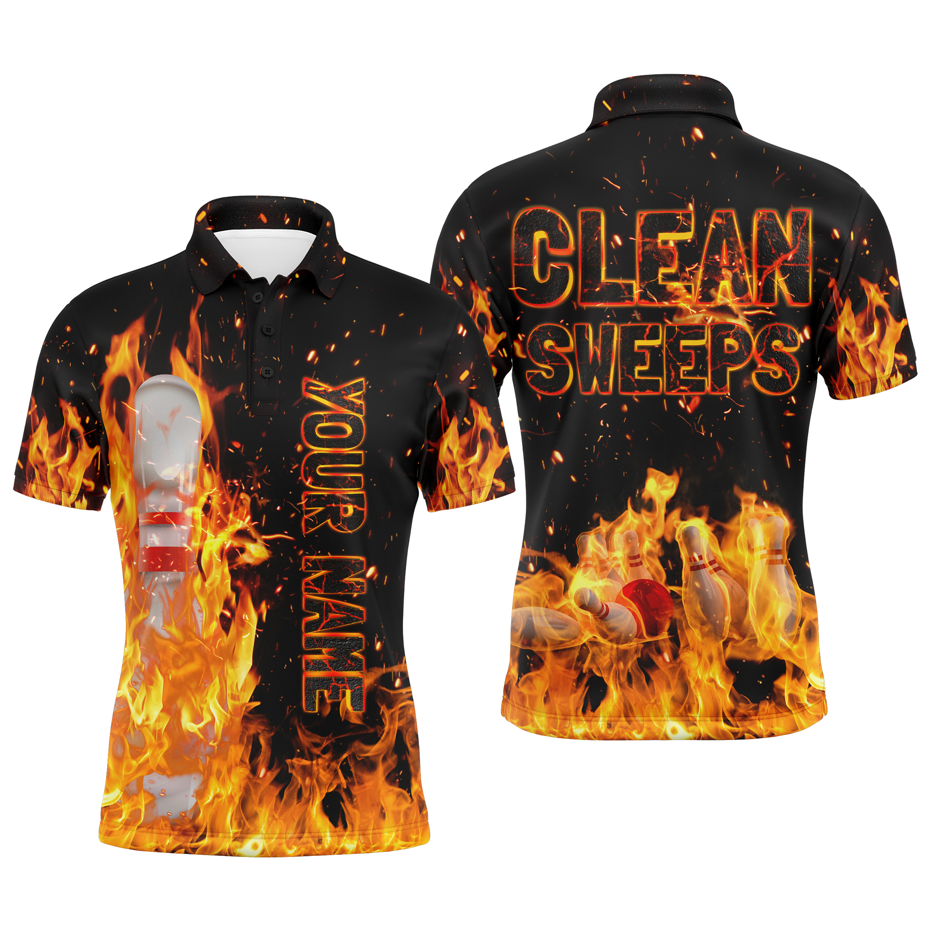 Flame Men's Polo Bowling Shirt - Clean Sweeps Team Jersey N80