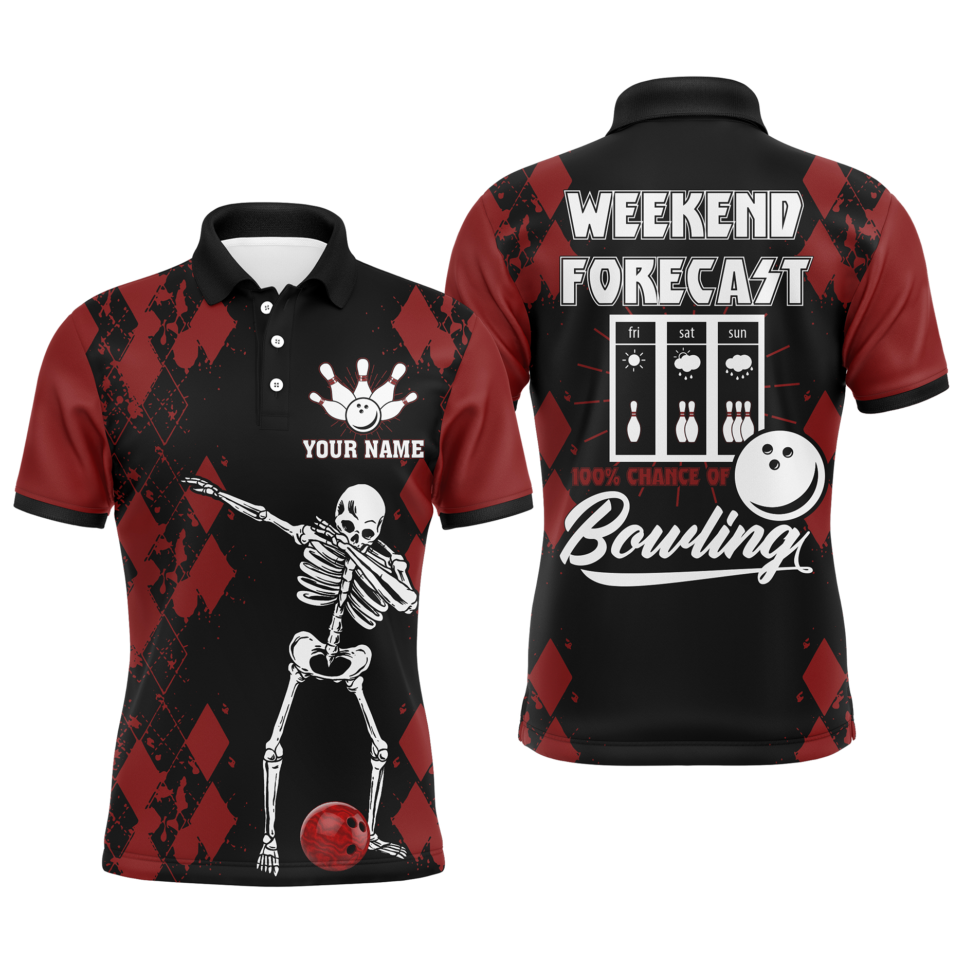 Funny Men's Bowling Polo Shirt - Personalised Skull Design N85