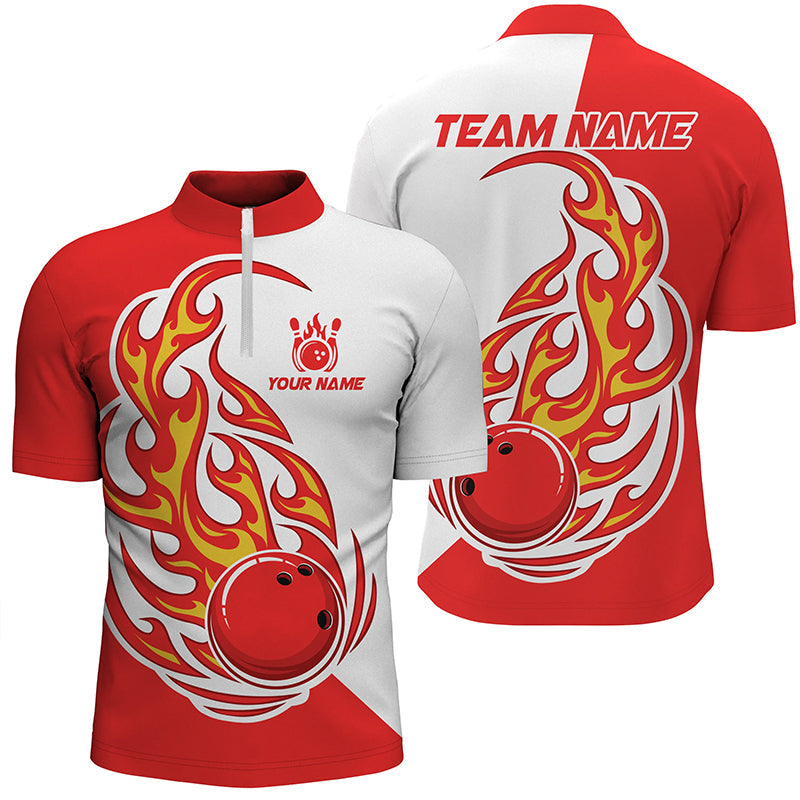Men's Red & White Bowling Quarter Zip Shirt - Custom Skull Design T142