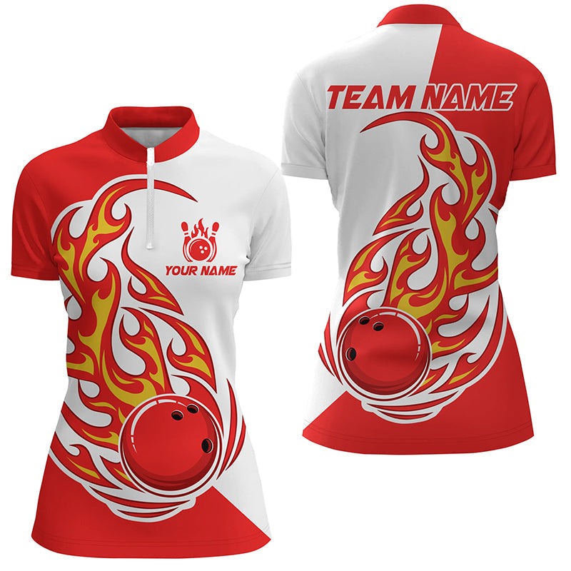 Red & White Women's Bowling Quarter-Zip Skull Team Jersey T142