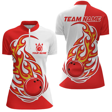 Red & White Women's Bowling Quarter-Zip Skull Team Jersey T142