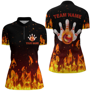 Women's Red Flame Bowling Quarter Zip Shirt T129