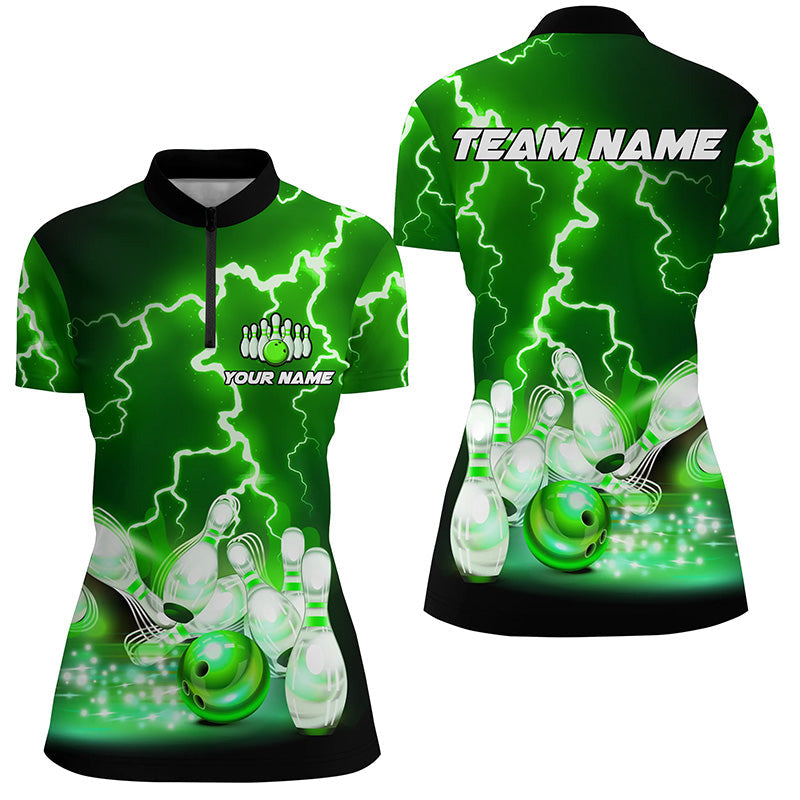 Women's Bowling Quarter Zip Jersey - Custom Green Lightning Thunder T151