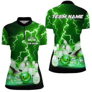 Women's Bowling Quarter Zip Jersey - Custom Green Lightning Thunder T151