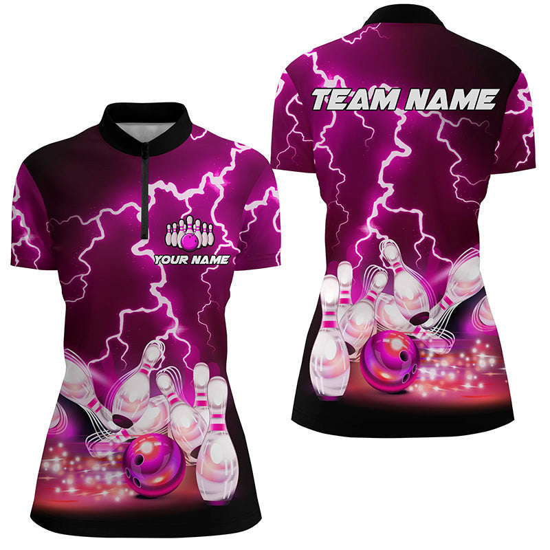 Women's Bowling Quarter Zip Jersey - Custom Purple Lightning Design T152
