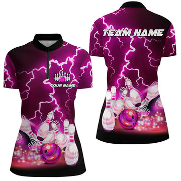 Women's Bowling Quarter Zip Jersey - Custom Purple Lightning Design T152