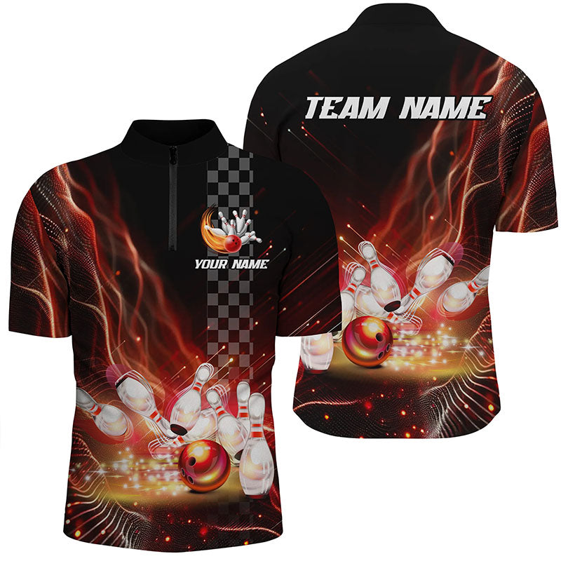 Men's Bowling Quarter Zip Shirt - Custom Red with Bowling Ball & Pins Design T144