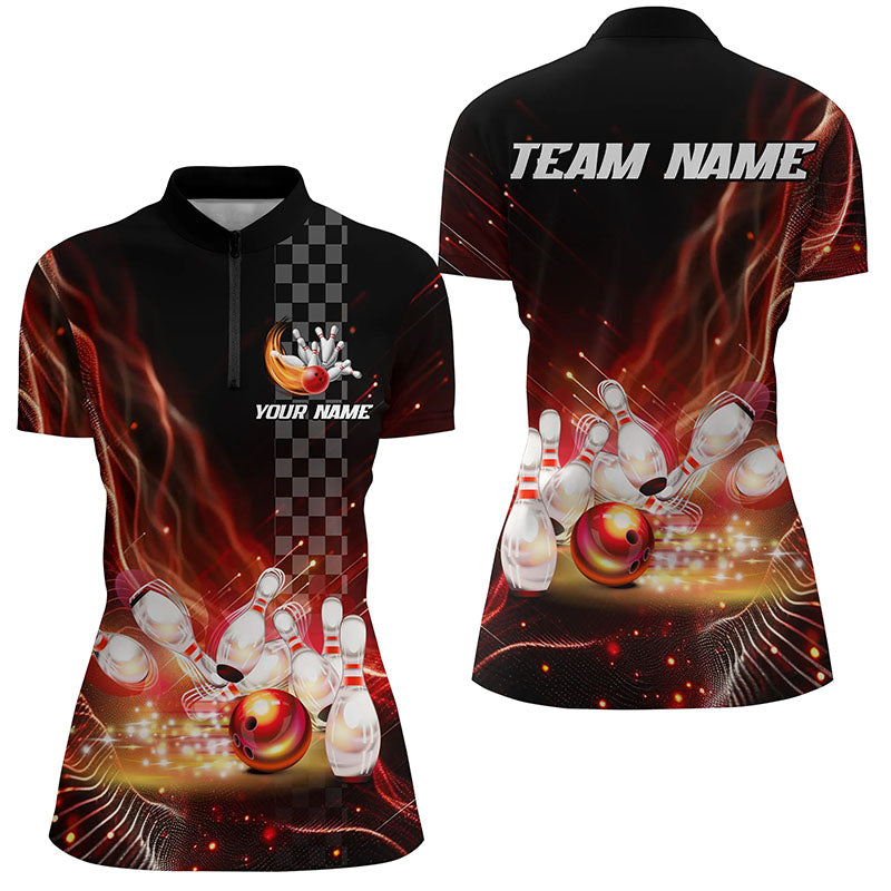 Women's Red Quarter Zip Bowling Jersey T144