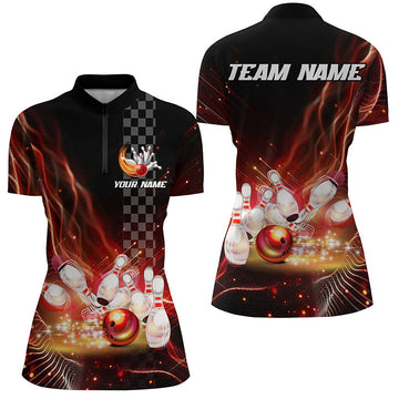 Women's Red Quarter Zip Bowling Jersey T144