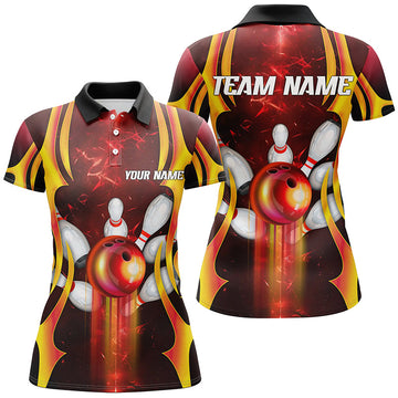 Black Ladies Bowling Polo Shirt - Custom Red Lightning Team Jersey T154