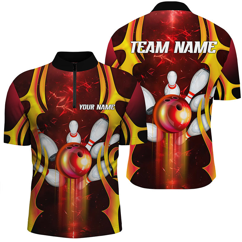 Black Men's Bowling Quarter-Zip Shirt - Custom Red Lightning Team Jersey T154