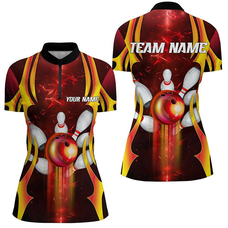 Black Ladies Bowling Quarter-Zip Shirt - Custom Red Lightning Jersey T154