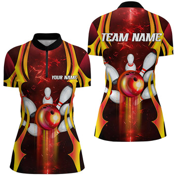 Black Ladies Bowling Quarter-Zip Shirt - Custom Red Lightning Jersey T154