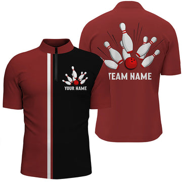 Men's Custom Retro Bowling Quarter Zip Shirt - Red, White & Black T135