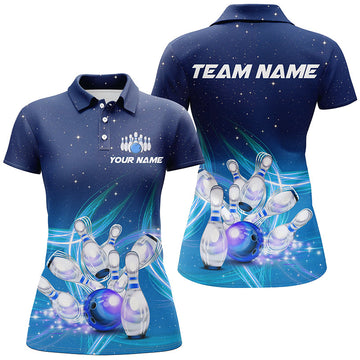 Women's Custom Blue Lightning Bowling Polo Shirt T121