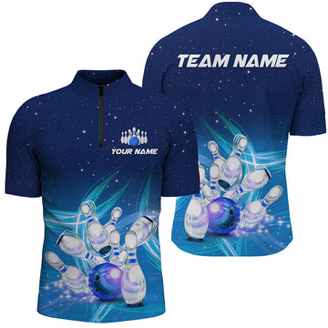 Men's Bowling Quarter Zip Shirt - Custom Blue Lightning Thunder Jersey T121