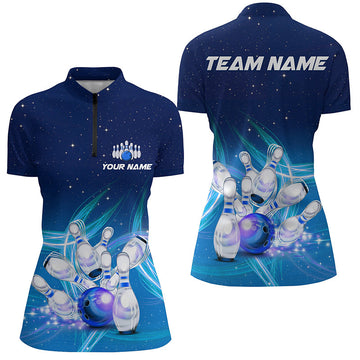 Women's Bowling Quarter Zip Jersey - Custom Blue Lightning Thunder T121