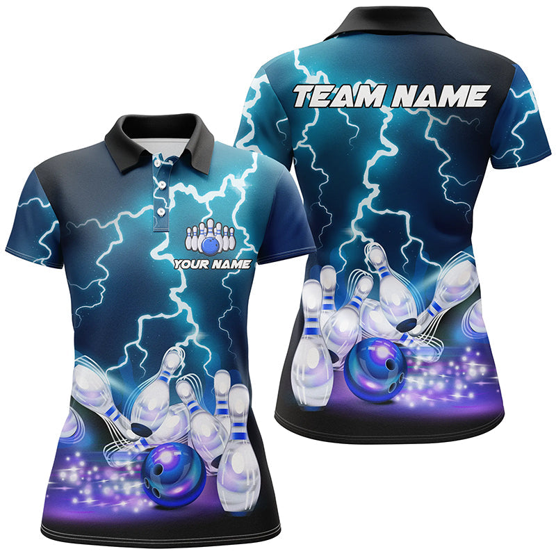 Women's Custom Blue Lightning Bowling Polo Shirt T118