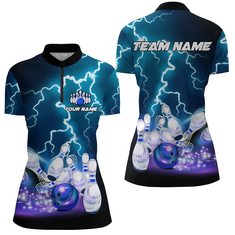 Women's Bowling Quarter Zip Jersey - Custom Blue Lightning Thunder T118