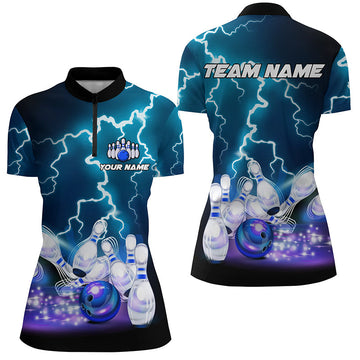Women's Bowling Quarter Zip Jersey - Custom Blue Lightning Thunder T118