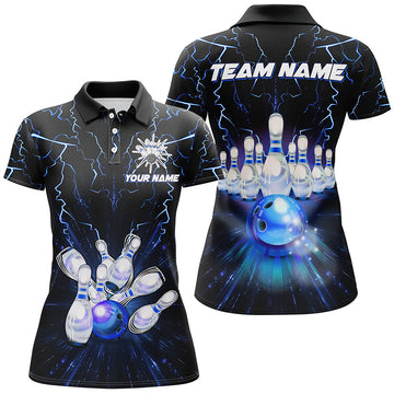 Women's Custom Blue Lightning Bowling Polo Shirt T137