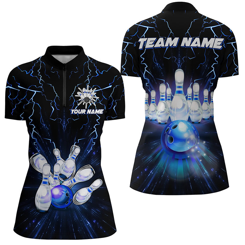 Women's Bowling Quarter Zip Jersey - Custom Blue Lightning Thunder T137