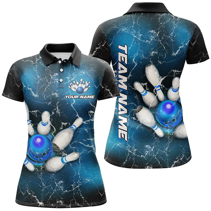 Women's Custom Blue Lightning Bowling Polo Shirt T139