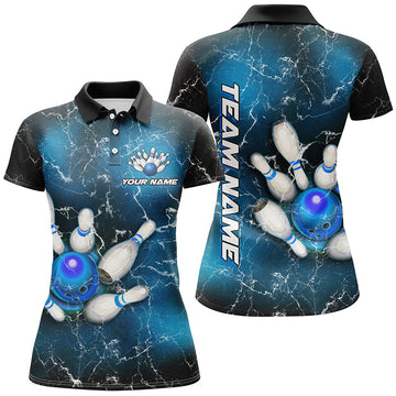 Women's Custom Blue Lightning Bowling Polo Shirt T139