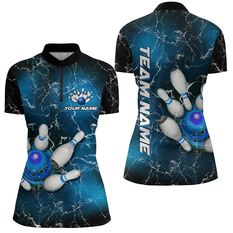 Women's Bowling Quarter Zip Jersey - Custom Blue Lightning Thunder T139