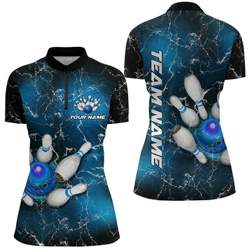 Women's Bowling Quarter Zip Jersey - Custom Blue Lightning Thunder T139