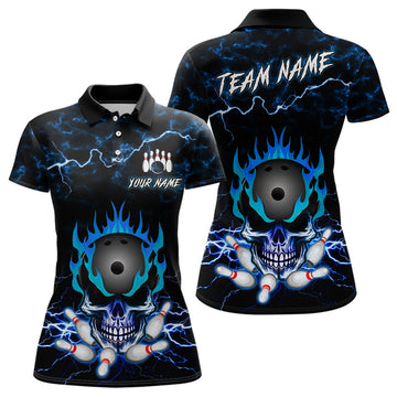 Women's Custom Blue Skull Fire Bowling Team Shirt Y0068