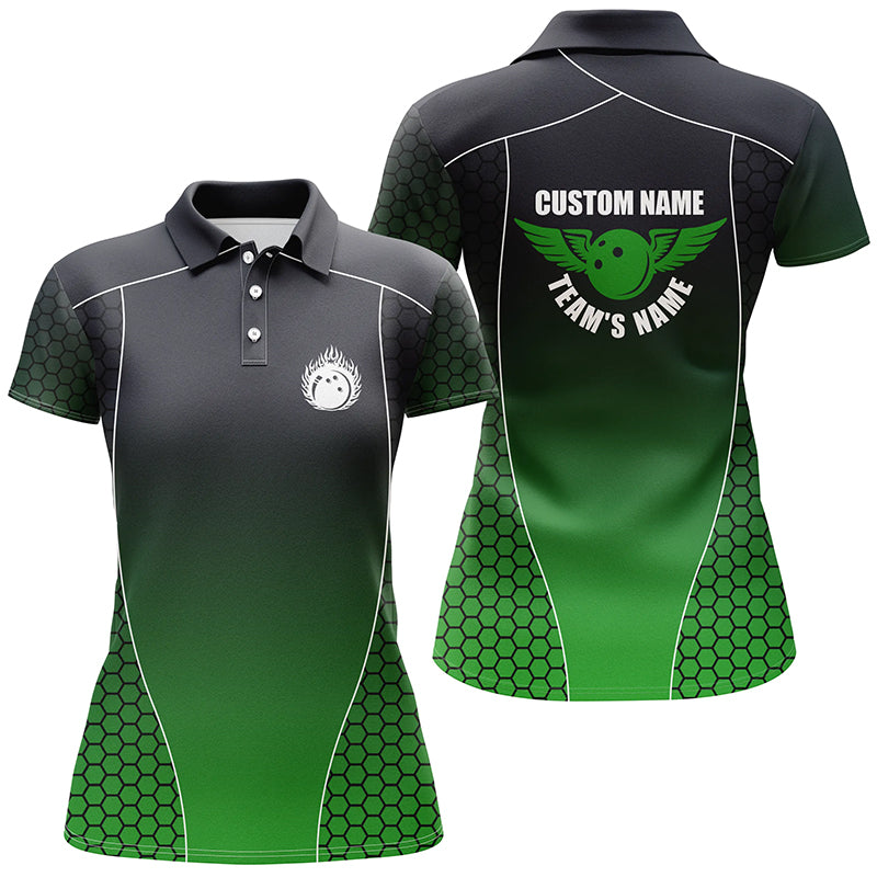 Women's Custom Bowling Team Shirts - Green Flaming Ball I4241