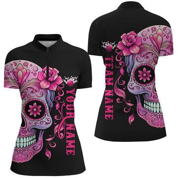 Pink Sugar Skull Tattoo Women's Bowling Quarter Zip Shirt I5243