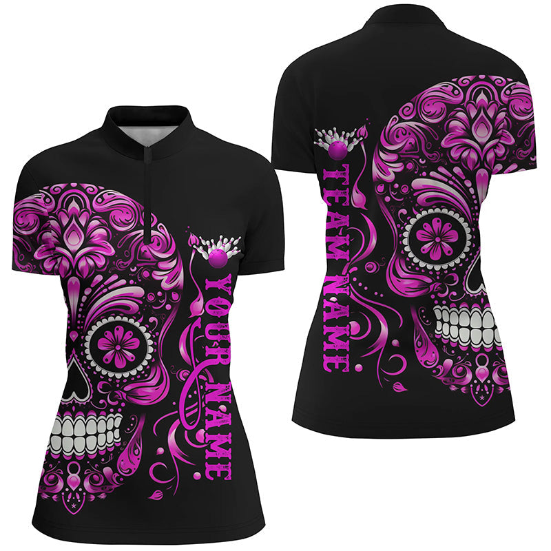 Pink Sugar Skull Tattoo Women's Bowling Quarter Zip Shirt I5244