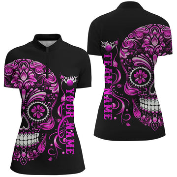 Pink Sugar Skull Tattoo Women's Bowling Quarter Zip Shirt I5244