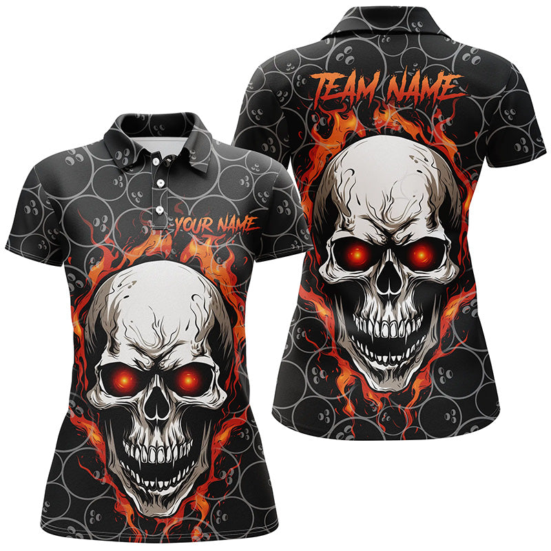 Women's Red Flame Skull Bowling Polo Shirt I5246